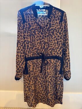 SEA New York 100% Silk Leopard Print Shirt Dress with Black Trim